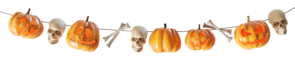 Captivating Halloween garland featuring carved jack-o'-lanterns, skulls, and bones on a string, on transparent background. Can be used as divider, footer or header. Halloween party. 3D render. png