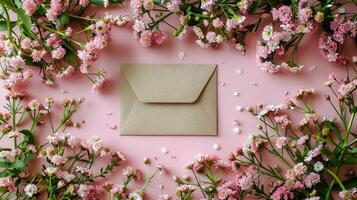 Pink Wall With Flowers and White Envelope photo