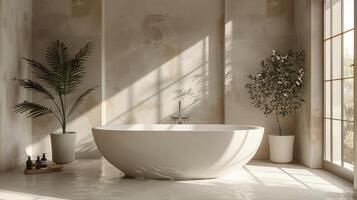 Modern Bathroom With Large White Bathtub and Sink photo