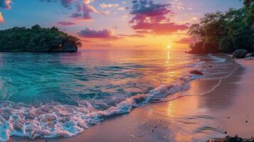 Sunset Over Tropical Beach With Palm Trees photo