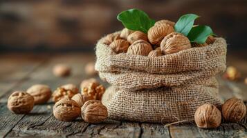 A Sack of Nuts on a Wooden Table photo