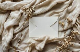 Blank White Envelope On Cream Fabric With Dried Flowers photo