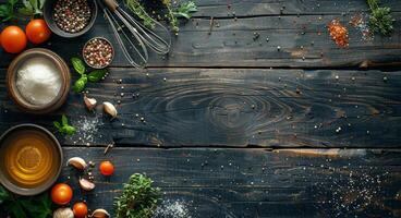 Black Wooden Surface With Fresh Herbs, Spices, and Lemon photo