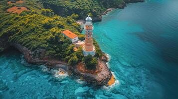 Aerial View of Lighthouse in Middle of Ocean photo