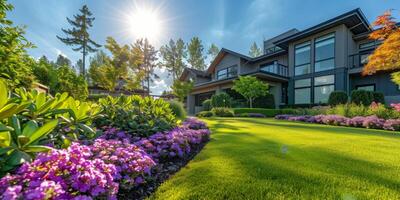 Row of Flowers in Front of House photo