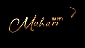 Happy Muharram animation on a black backdrop with gold text. It is Excellent for greeting viewers with videos on the first day of the Islamic New Year to make them smile. 4K channels for alpha