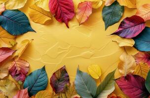 Colorful Autumn Leaves on Yellow Background photo