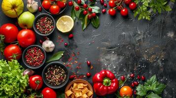 Fresh Produce Arranged on a Wooden Surface With a Green Word photo