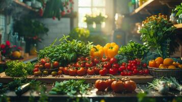 Fresh Produce Arranged on a Wooden Surface With a Green Word photo