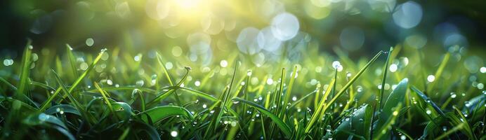 Closeup View of Green Grass Blades in Sunlight photo