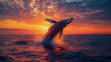 Humpback Whale Dives Into Ocean at Sunset photo