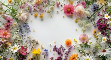 Colorful Wildflowers Arranged in a Circle on a White Background photo