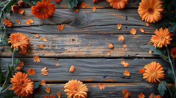 Orange Flowers Scattered on Rustic Wooden Surface photo