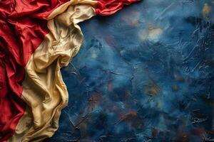 Red And Yellow Fabric On Blue Textured Background photo