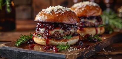 Gourmet Cheeseburger With Cranberry Sauce and Rosemary Garnish on a Wooden Cutting Board photo