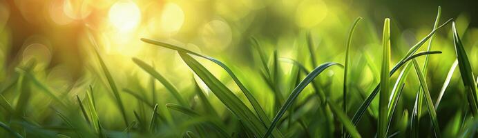 Closeup View of Green Grass Blades in Sunlight photo