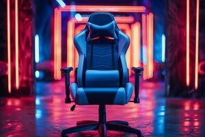 Blue And White Gaming Chair In Front Of Red And Blue Neon Lights photo