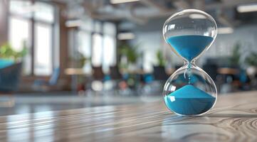 Blue Hourglass on Wooden Table in Modern Office photo