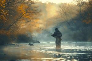Fisherman Casting a Line in Foggy River on a Misty Morning photo