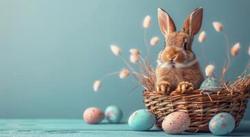 Easter Bunny Sitting in Wicker Basket With Colorful Eggs photo