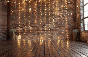 Brick Wall With String Lights and Wooden Floor photo