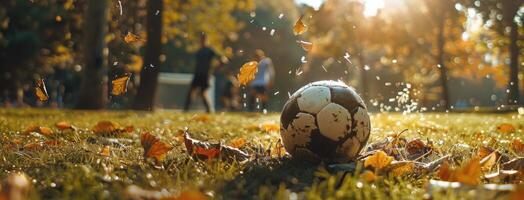 Soccer Ball Resting on Grass With Falling Autumn Leaves in Park photo