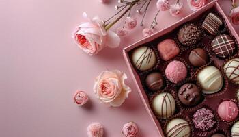 Pink and Brown Chocolate Truffles in a Box With Flowers on Pink Background photo