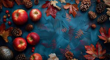 Autumnal Still Life With Apples, Pine Cones, and Maple Leaves on a Blue Background photo