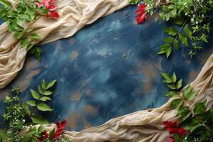 Red And Yellow Fabric On Blue Textured Background photo