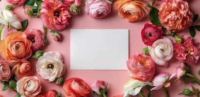 White Square Card Surrounded by Delicate Pink Roses on a Pink Background photo