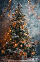 Decorated Christmas Tree With Lights and Ornaments Against a Grey Wall photo
