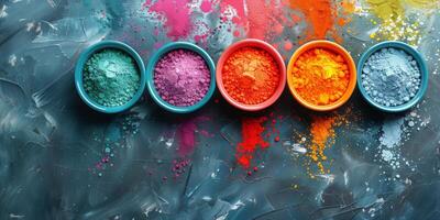 Three Buckets Filled With Different Colored Powders photo