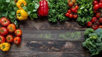 Fresh Produce Arranged on a Wooden Surface With a Green Word photo