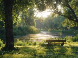 A Tranquil Bench by the River on a Sunny Afternoon in a Green Forest photo