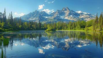 Lake Surrounded by Trees With Mountains in Background photo