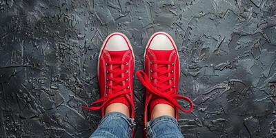 Persons Feet in Red Sneakers on Black Surface photo