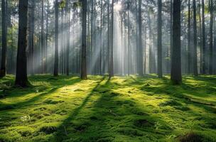 Morning Sunlight Through Tall Pine Trees in a Lush Forest photo