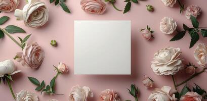 White Square Card Surrounded by Delicate Pink Roses on a Pink Background photo