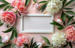 White Frame Surrounded by Pink and White Peonies and Petals photo