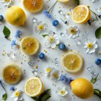 Fresh Lemons and Flowers Arranged on a White Background photo