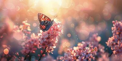 Butterfly Resting on Pink Blossoms in Sunlight photo