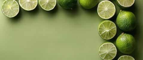 Whole and Sliced Limes Arranged on a Green Background photo