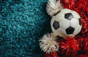 A Soccer Ball on a Green Shag Carpet With Red Pom Poms photo
