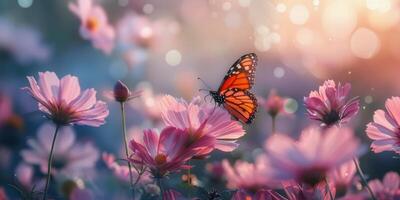 Butterfly Resting on Pink Blossoms in Sunlight photo