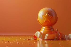 Golden Star Trophy With Ribbon on Orange Background photo