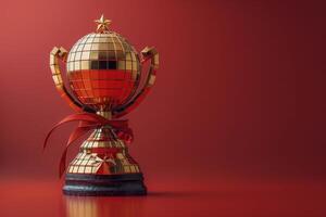 Gold Basketball Trophy With Red Ribbon on Red Background photo