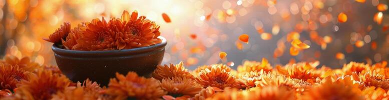 Orange Chrysanthemums Falling in a White Bowl in Soft Light photo