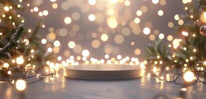 Festive Christmas Lights and White Platform photo
