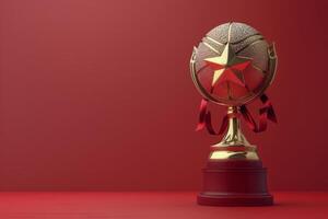 Gold Basketball Trophy With Red Ribbon on Red Background photo