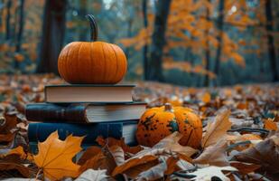 Small Pumpkin Rests on Books Amidst Autumn Leaves photo